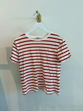 Zara Red and White Striped Crewneck Tee